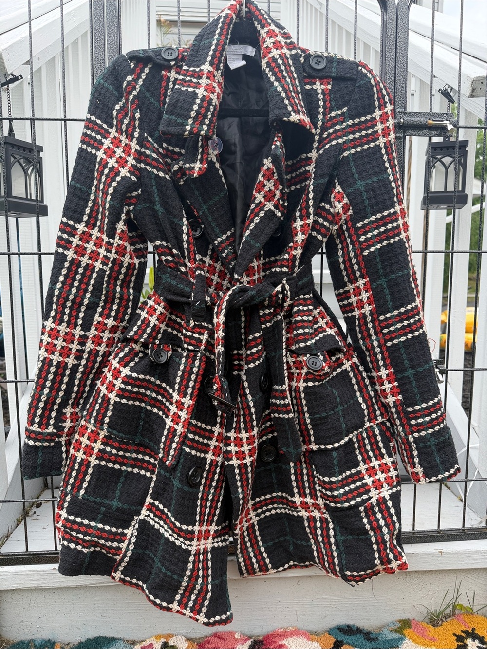 Plaid Belted Wool-Blend Trench Coat - blue, orange, green, Cream